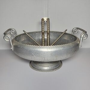 Vintage Mid-Century Hammered/Stamped Aluminum Nut Bowl With Floral Design